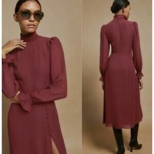 New Reformation Stevi Shirred Georgette Midi Dress Bold Claret size 10